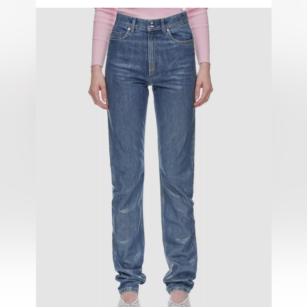 COPERNI  STRAIGHT SHIMMER LEG COATED DENIM JEANS IRIDESCENT BLUE US 8 FR 40